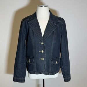 Christopher Banks Womens Denim Blazer Jacket Dark Wash Rhinestone Buttons Large